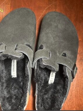 Birkenstock men’s Black Suede Shearling Boston Clog Mules size 12